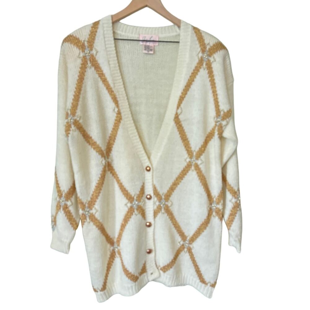 Vintag Beaded Oversized Cardigan Sweater Medium Holiday Retro